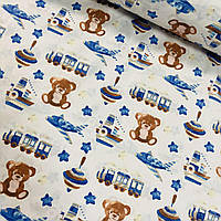 Бавовняна тканина польська ведмедики з іграшками в синіх тонах на білому (E-383)