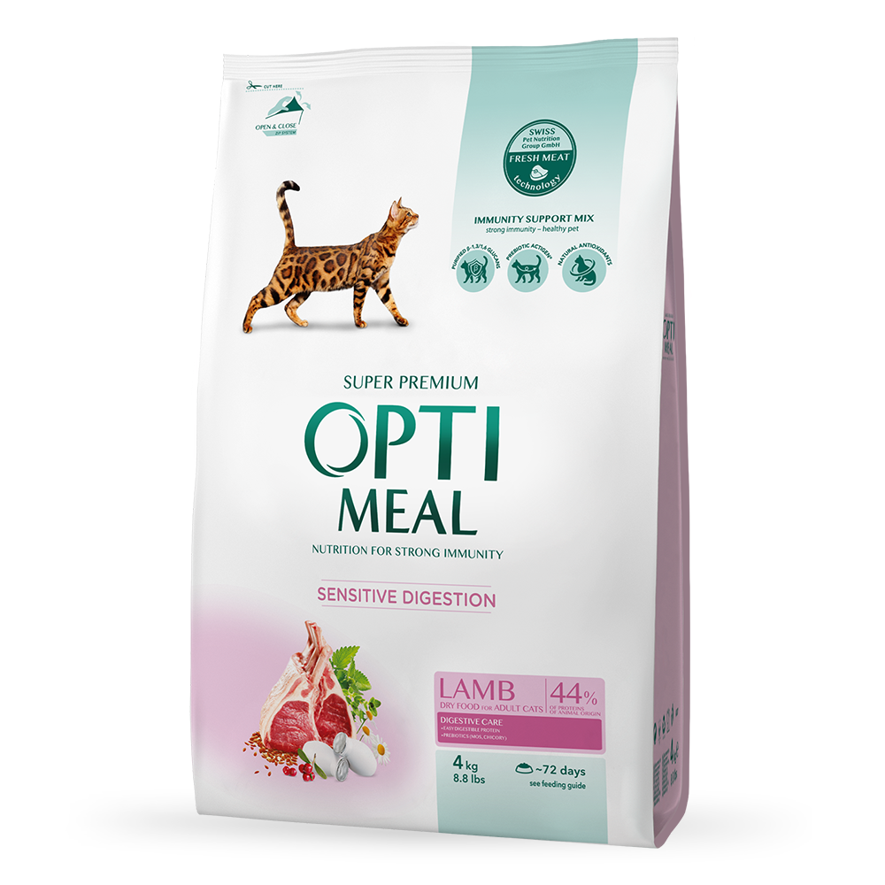 Акція! Optimeal Sensitive Digestion сухий корм для дорослих котів чутливе травлення, з ягням 4КГ