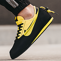 Кроссовки мужские Nike Cortez black yellow / Найк Кортез черные желтые кожаные