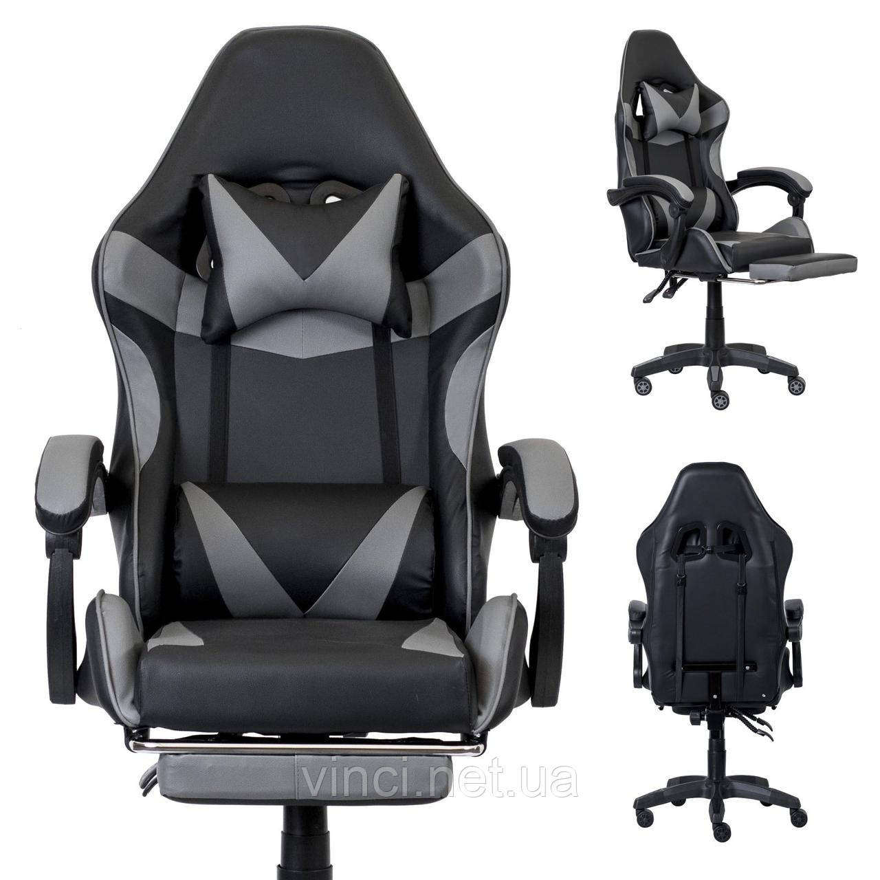 Комп'ютерне крісло PRESTIGE 730 Чорно-сіре Геймерське спортивне крісло + підніжка для ніг до 120кг