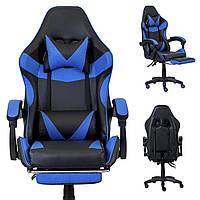 Комп'ютерне крісло PRESTIGE 730 Чорно-синє Геймерське спортивне крісло + підніжка для ніг до 120кг