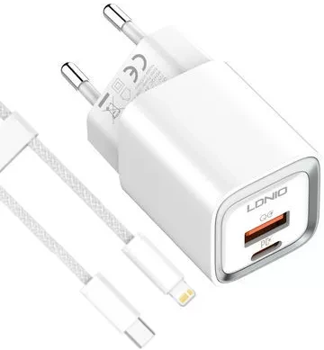 Мережевий зарядний пристрій LDNio A2318C 20W QC/PD USB-A-C + USB-C-Lightning cable White (A2318C)