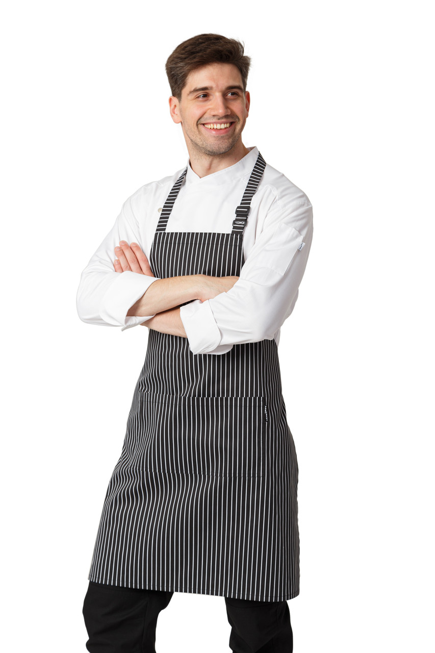 Фартух із нагрудником для офіціанта, кухаря, продавця унісекс Смужка Чорний із кишенями