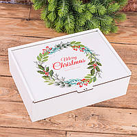 Подарункова деревяна новорічна коробка (розмір L) "merry christmas"