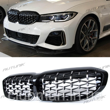 Решітка ноздрі радіатора BMW (БМВ) 3 series G20 G21 G28 (2019-2023) - Уникальні чорний глянець + хром, фото 1