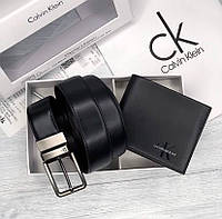 Подарочный мужской набор кошелек и ремень Calvin Klein брендовый классический из натуральной кожи кельвин