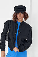 Жіноча куртка-бомбер із накладними кишенями колір чорний розмір L FL_000647