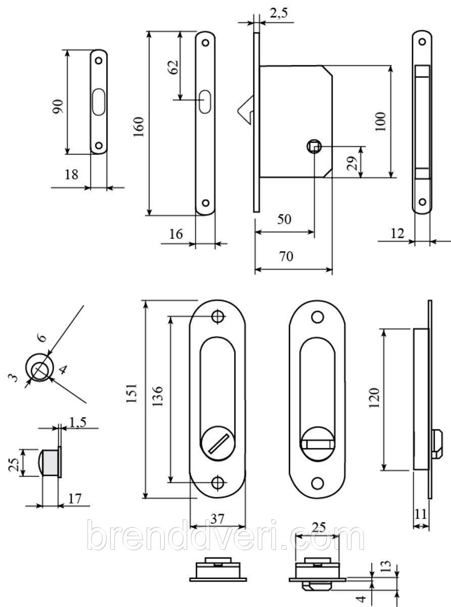 Комплект для розсувних дверей (ручка SL-155 + замок RDA з отв планкою 4120) мат хром, фото 1