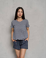 Комплект женский домашний серая с футболкой в полоску и шорты, пижама с футболкой
