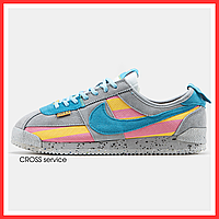 Кроссовки мужские Nike Cortez Reindbow Grey Blue Yellow Pink/ Найк Кортез серые замшевые