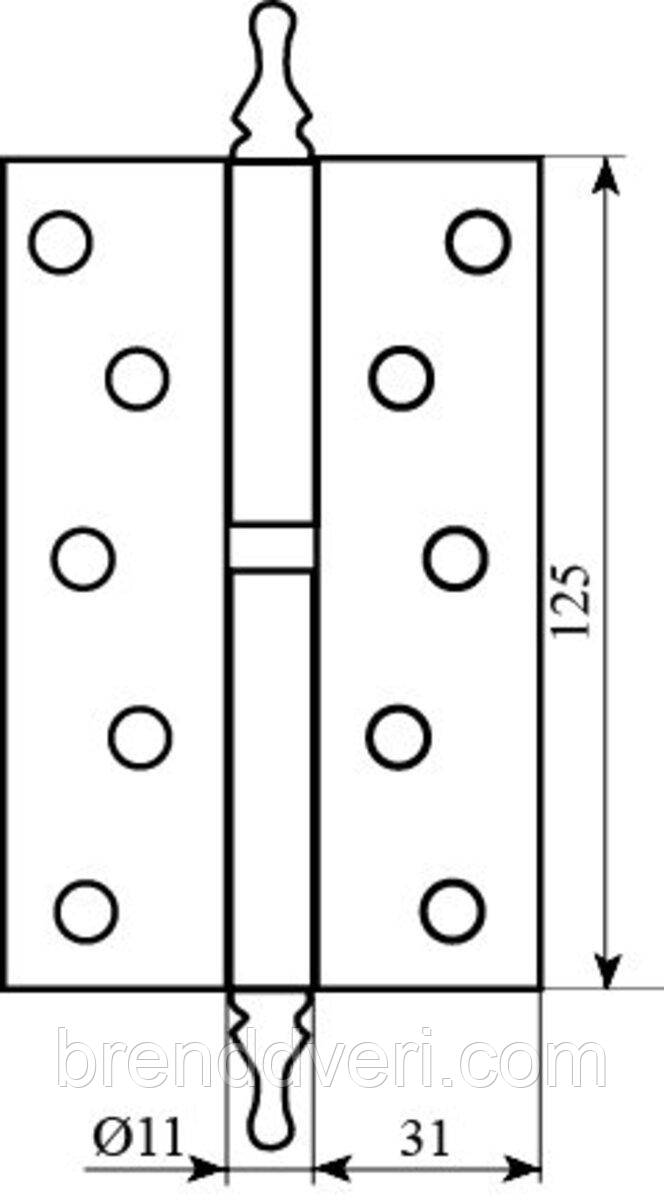 Завiса 125 * 2,5 (1 підшип, сталь) пол.латунь ліва, верхівка фігурна Fuxia, фото 1