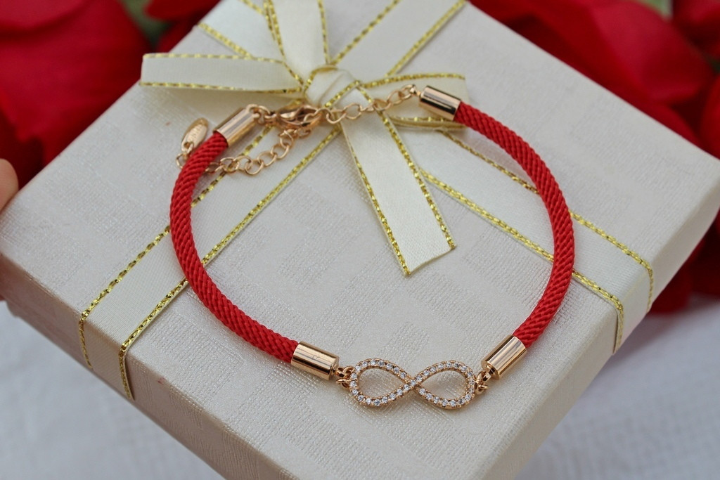 Браслет Xuping Jewelry червона нитка нескінченність з камінням 17 см добавка ланцюга 3 см золотистий