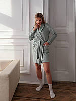 Женский короткий модный халат с карманами для дома ткань бархат плюш на хлопковой основе цвет фисташковый