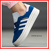 Кроссовки женские и мужские Adidas Gazelle Bold Blue White Pink / кеды Адидас Газель болд синие белые розовые