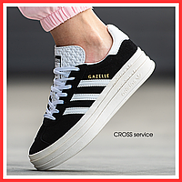 Кроссовки женские и мужские Adidas Gazelle Bold Black White / кеды Адидас Газель болд черные