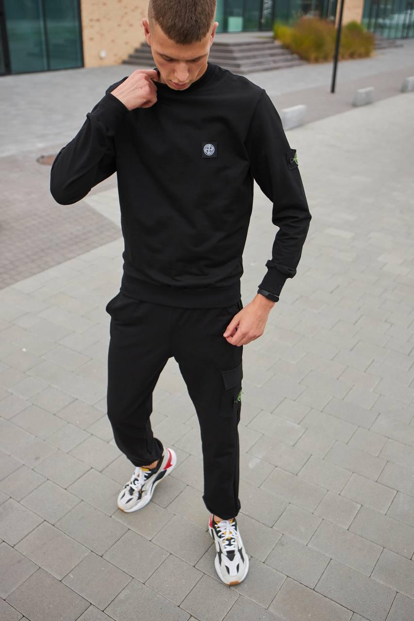 Чоловічий спортивний костюм Stone Island чорний без капюшона Комплект Стон Айленд Світшот + Штани + Шкарпетки