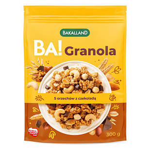 Гранола горіхова із шоколадом Bakalland Granola, 300 г, Польща, суміш мющів і злаків