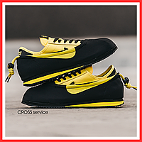 Кроссовки мужские Nike Cortez black yellow / Найк Кортез черные желтые кожаные