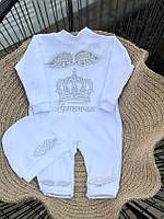 Чоловічок з крильцями та вишивкою корона + ім'я малюка, білий