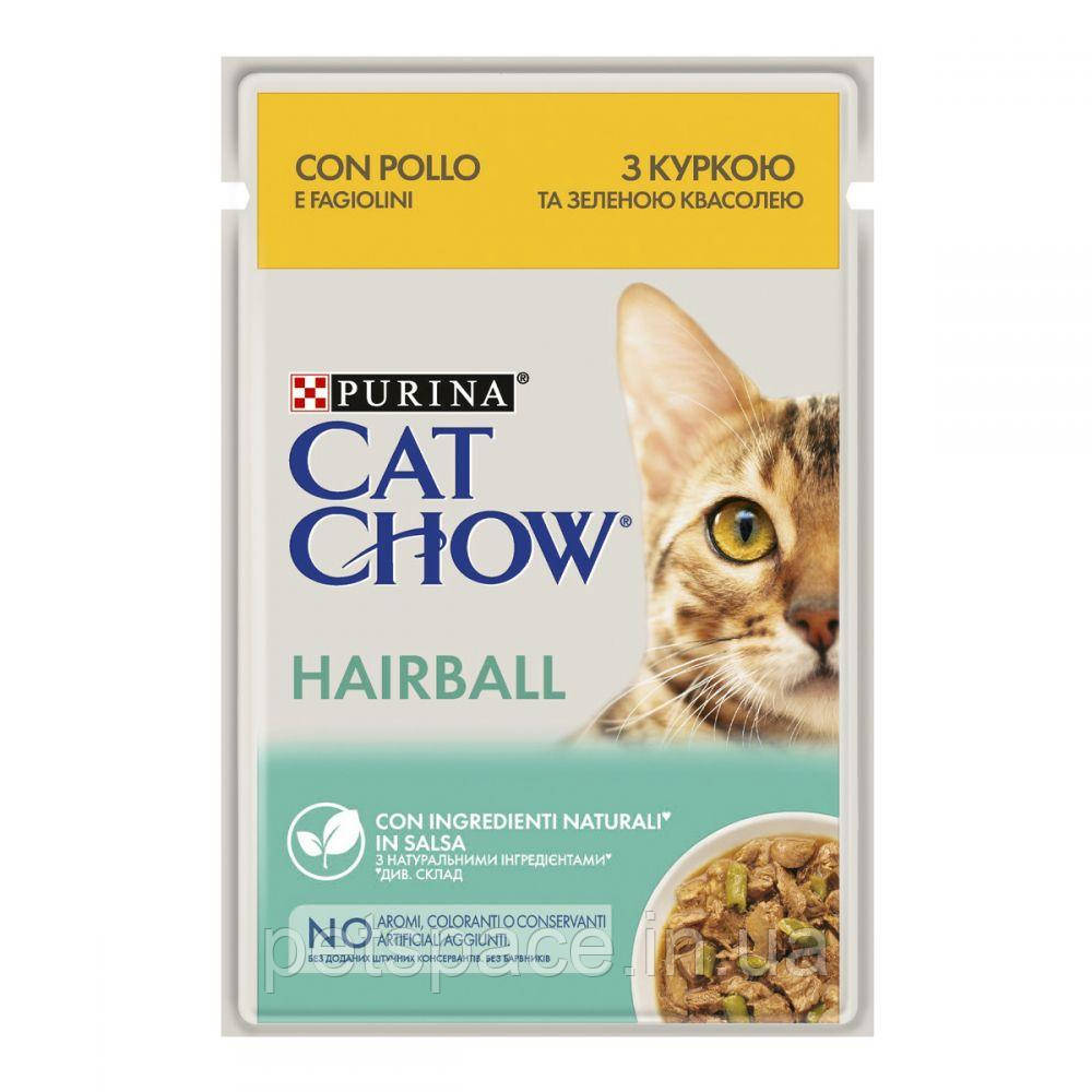 Вологий корм Cat Chow Hairball (для виведення шерсті зі шлунку котів з куркою та квасолею в желе)85г, фото 1