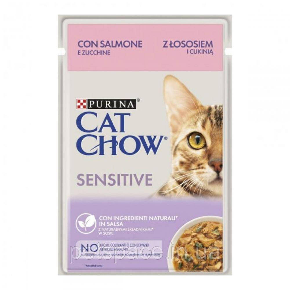 Вологий корм Cat Chow Sensetive(для котів з чутливим шлунком з лососем та цукіні в желе) 85г, фото 1