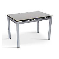 Коричневий маленький стильний розсувний скляний обідній кухонний стіл для маленької кухні на сірих металевих ніжках 80*65 см Венді