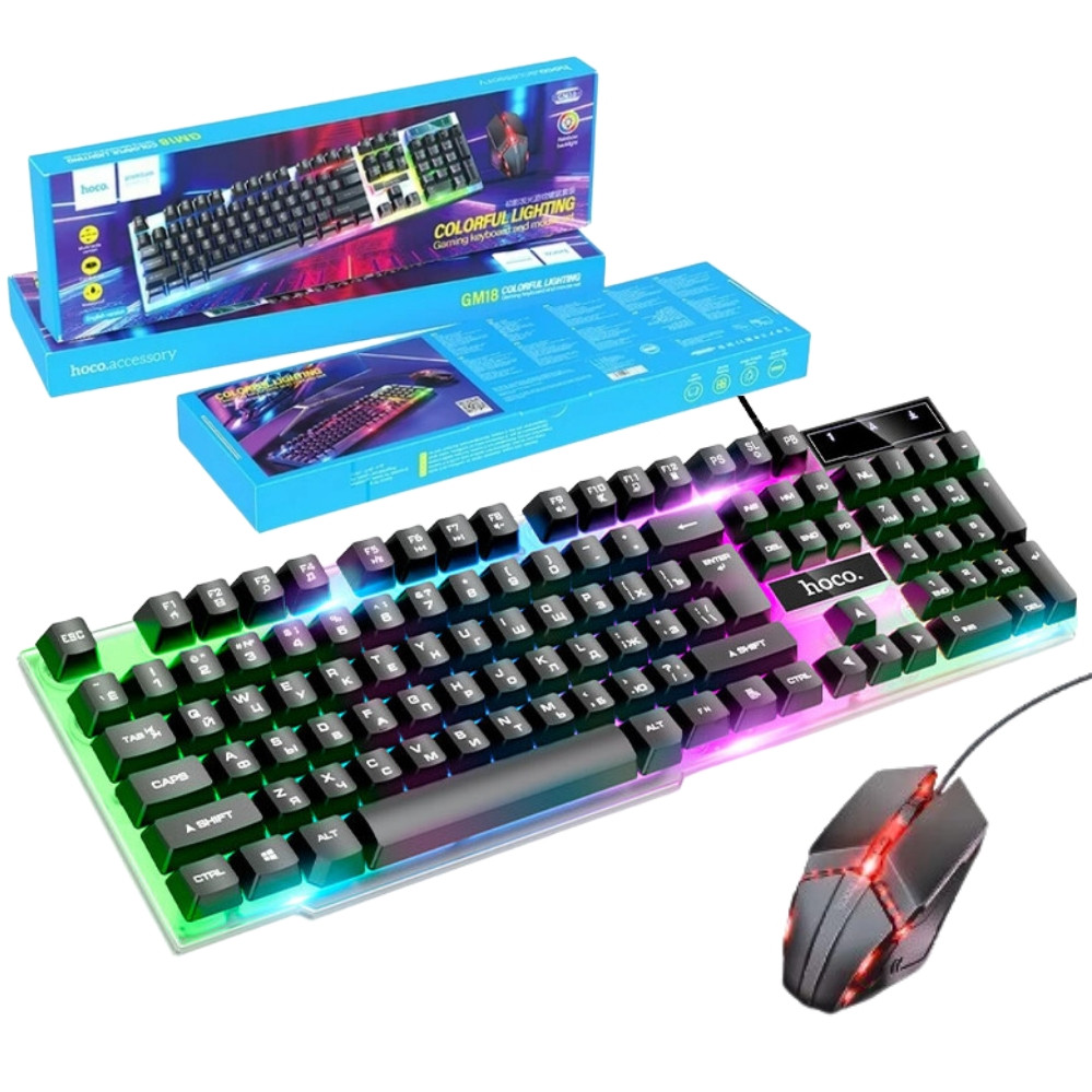Клавіатура комп'ютера ігрова з RGB підсвічуванням настільна клава з мишкою світлодіодна для ПК Hoco GM18