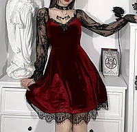 Готическое платье с кружевом бархатное с рукавами платье Бордовое L Л