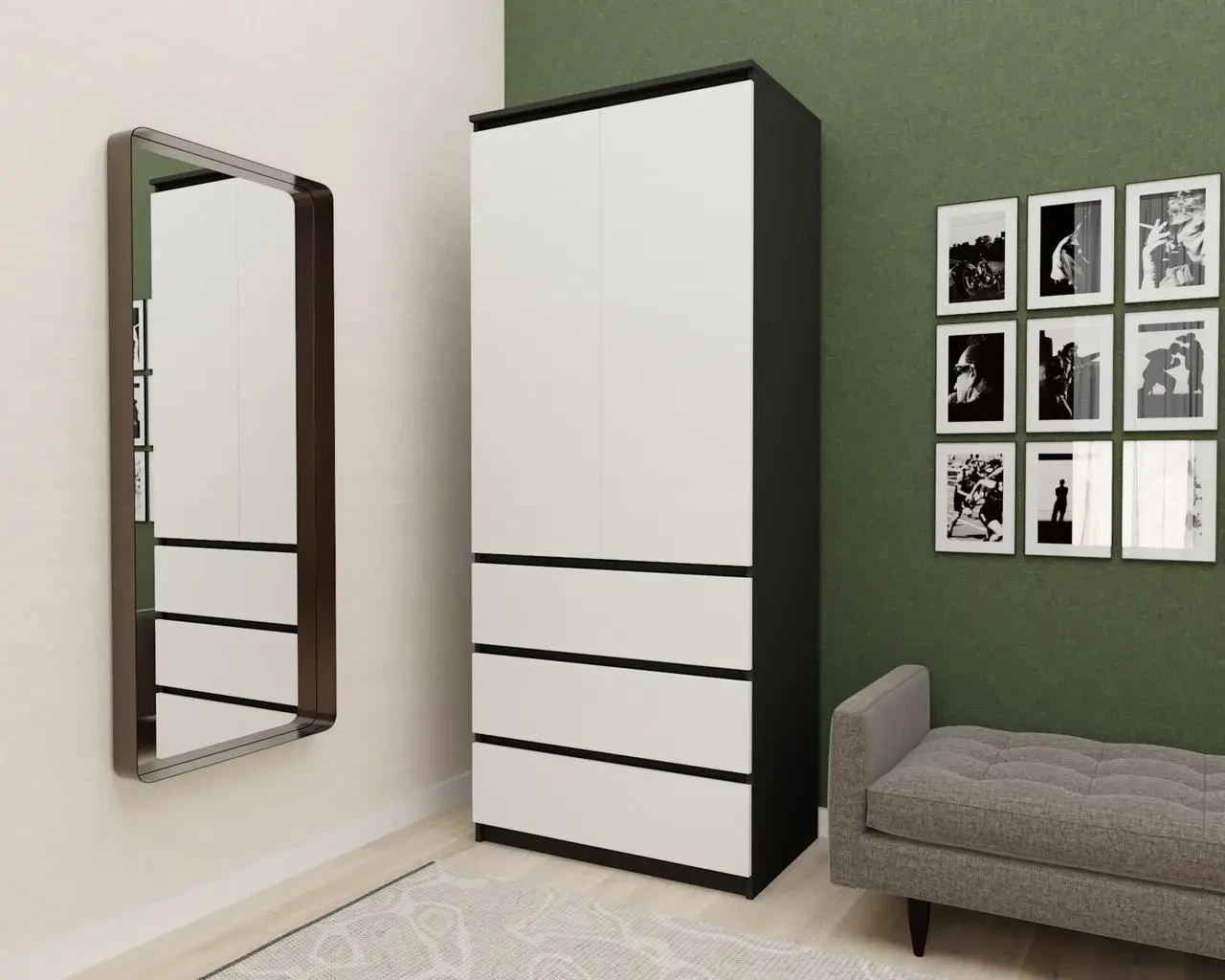 Шафа для одягу та речей MebelProff Р-6,шкаф двостулкова зі штангою, з висувними ящиками в спальню, передпокій Антрацит/Білий, фото 1