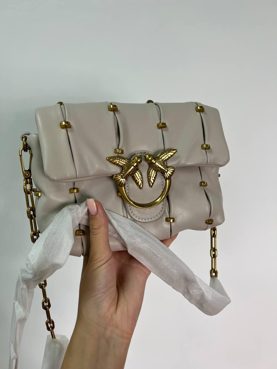 Жіноча сумка Пінко сіра Pinko натуральна шкіра Grey Quilted Leather Love Mini Puff Staples
