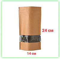 Пакет дой пак крафт металлизированный с окном 140х240мм, бумажный бурый дой-пак с зип застежкой (От 100шт.)