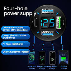 Автомобільна швидка зарядка QC 3.0 USB+PD. Авто заряджання на 4 порти. Автомобільна зарядка для Iphone, фото 3