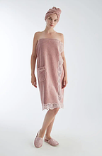 Жіночі бамбукові халати набір для сауни та лазні красиві, жіночий рушник на липучці з крежевом Пудровий