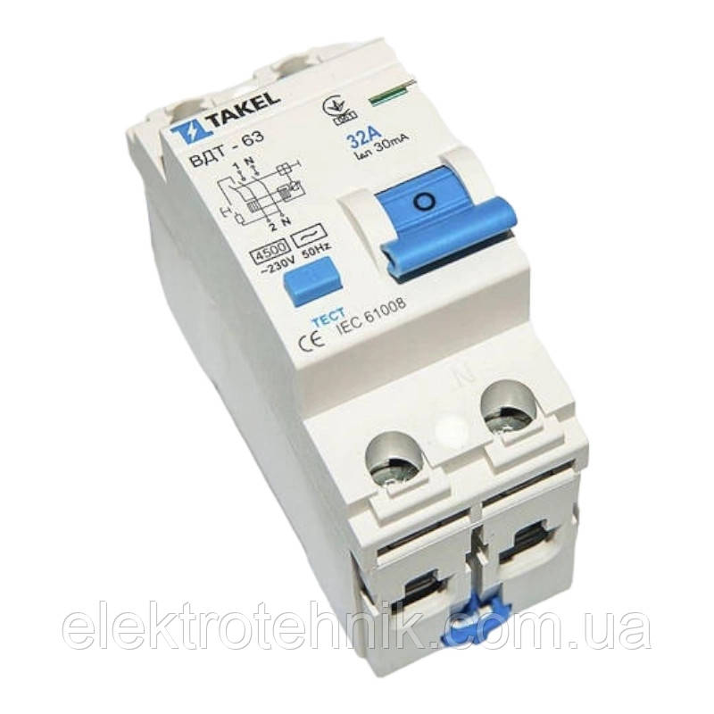 Вимикач диференціальних струмів ВДТ-63 2P 32А