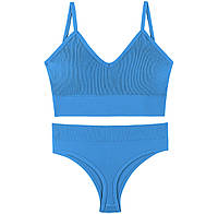 Бесшовный комплект женского белья спортивное белье трусы и топ голубого цвета размер с-м белье в рубчик