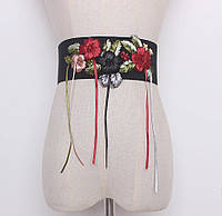 Ремінь-вишиванка жіночий широкий з дизайнерською вишивкою вишитий стрічками в українському стилі з трояндами квітами корсет гумка