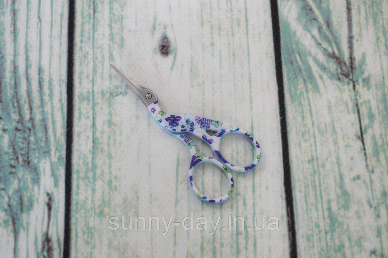 Ножиці для рукоділля "Цапельки" колір - білий/синьо-фіолетові квіти 9см, фото 1