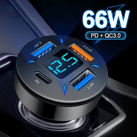 Автомобільна швидка зарядка QC 3.0 USB+PD. Авто заряджання на 4 порти. Автомобільна зарядка для Iphone, фото 1