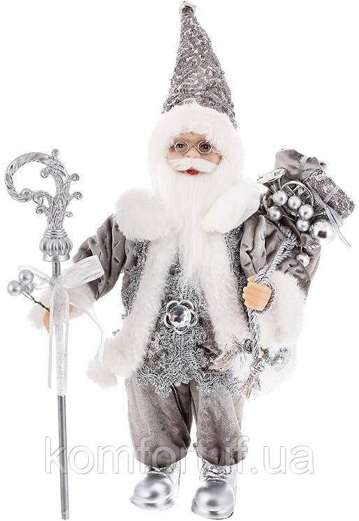 Новорічна фігура "Санта Клаус з Подарунками та Палицею" 30см, срібло з паєтками