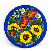Тарілка декоративна Петриківський розпис ручної роботи кругла 15см СОНЯШНИКИ на СИНЕМ Український сувенір