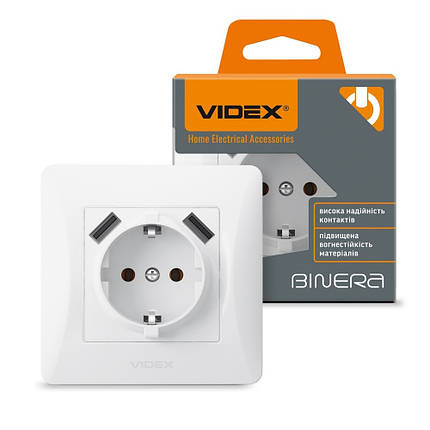 Розетка Videx Binera біла 1а із заземленням та 2USB VF-BNSK1GU2-W, фото 2