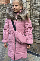 Зимове пальто курточка на дівчинку «Варя» із сумочкою, рожева 146