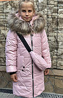 Зимнее пальто курточка экокожа на девочку «Варя» с сумочкой, светлая пудра 128