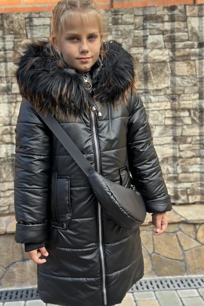Зимове пальто- курточка екошкіра на дівчинку «Варя» із сумочкою, чорна 128