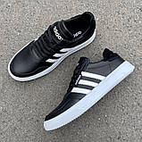 Спортивні чоловічі Шкіряні кеди Adidas чорні, Кеди демісезонні Адідас натуральна шкіра модні *А23-2 чор/біл*, фото 6