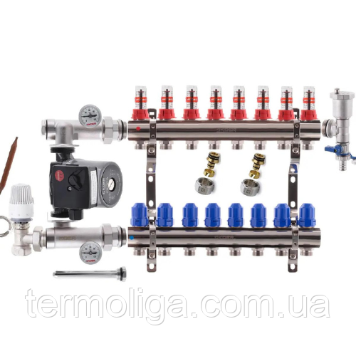 Колектор теплої підлоги "КР" Чехія 8 контури в зборі з насосом, фото 1