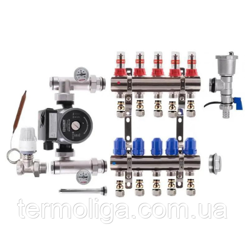Колектор теплої підлоги "КР" Чехія 5 контури в зборі з насосом, фото 1