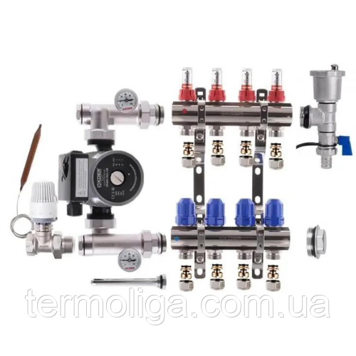 Колектор теплої підлоги "КР" Чехія 4 контури в зборі з насосом, фото 1