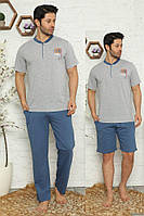 Чоловіча піжама трійка футболка, шорти і штани бавовна з коротким рукавом кишені спереду, сіра 48 М