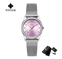 Элегантные женские наручные часы Wwoor (Silver Rose) 3Bar
